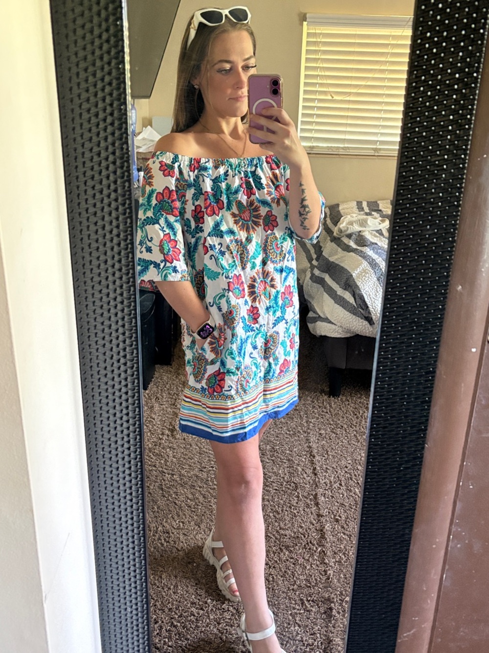 XS Tommy Bahama Floral Off Shoulder Mini Dress - White with Pink & Teal